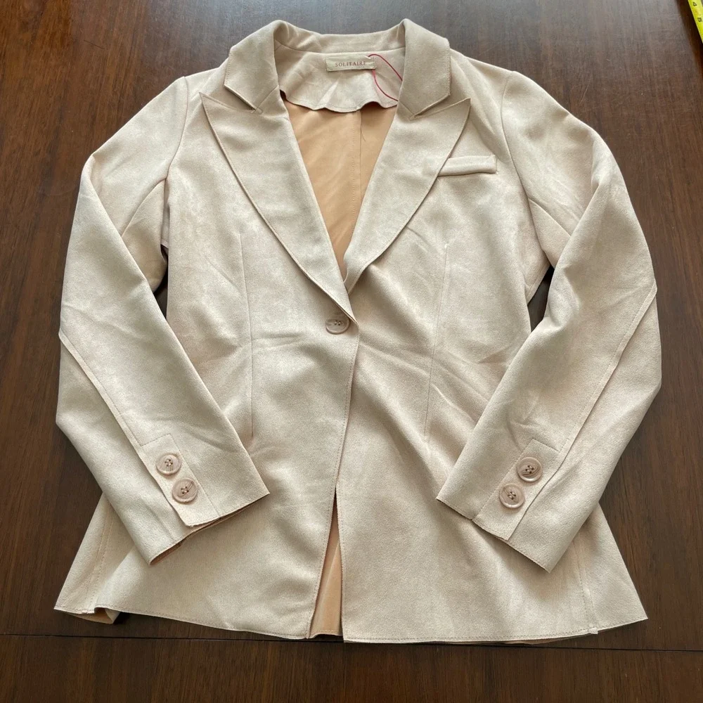Solitaire Faux Suede Blazer Medium Beige Single Button Professional Chic Neutral - Picture 11 of 11